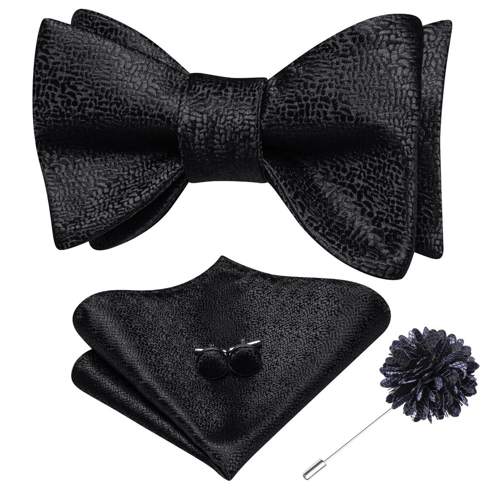 3483 Black Selftied Bowties Lapel Pin Set Silk Solid Formal Bow Ties Pocket